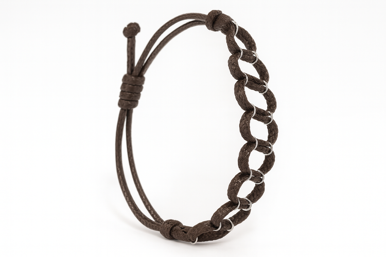 دستبند دستساز با بند بافتی قهوهای و حلقههای نقرهای روی زمینه سفید