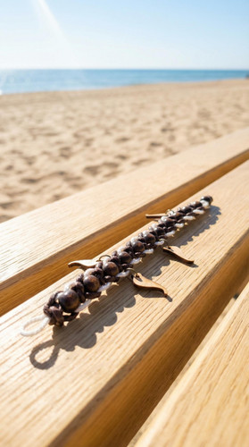 «دستبند دستساز بافت قهوهای با مهرههای چوبی و آویزهای چوبی، قابل تنظیم با عبور مهره از حلقه»